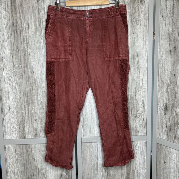 Anthropologie Hei Hei Linen Pants Roll Up Lace Embroidered Trim Rusted Red Sz 28 - Picture 1 of 8